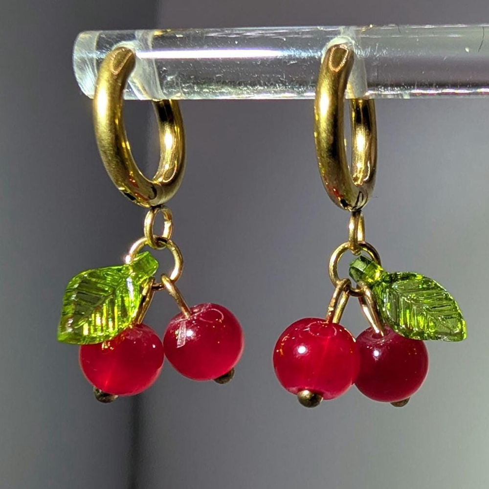 Gold Cherry Huggie Earrings, Gold Ion Plated Stainless Steel Hoops, Glass Beads - Picture 3 of 7